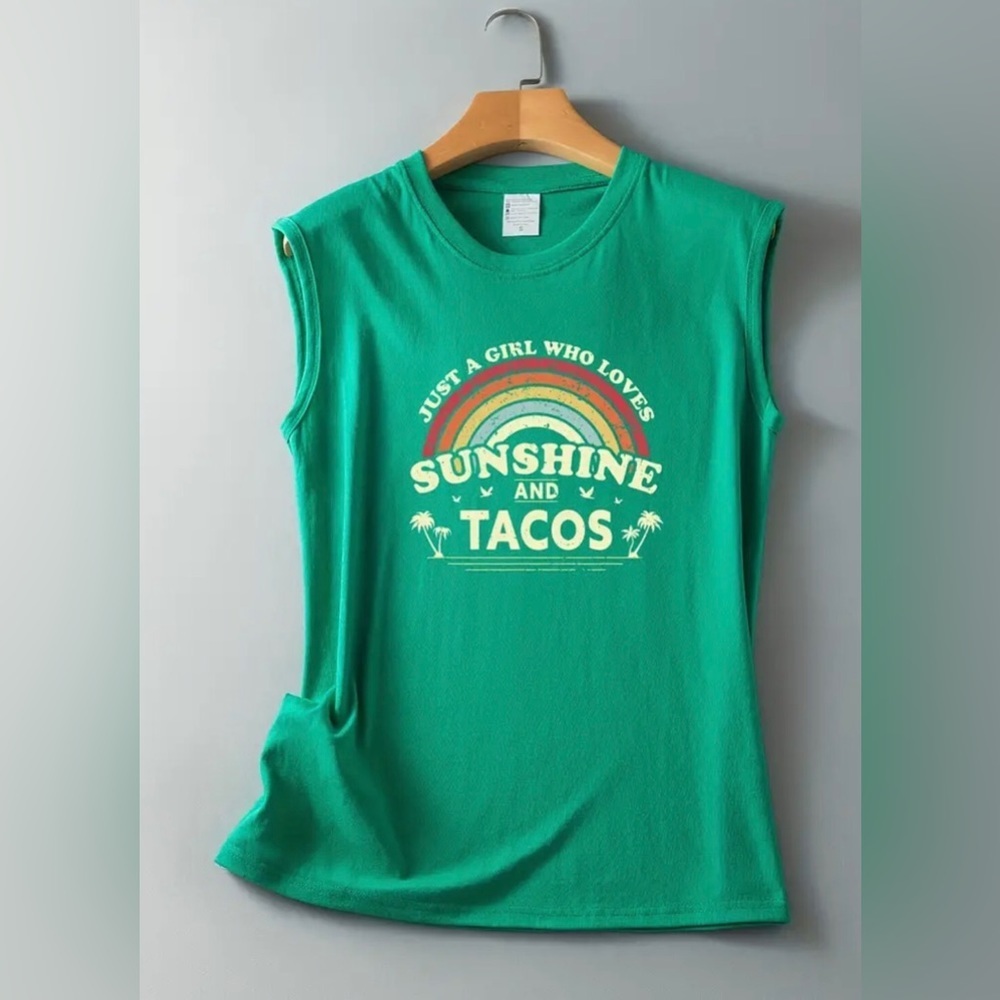 Womens Fashion Green Rainbow Girl Who Loves Sunshine & Tacos Tank Top XL - Picture 3 of 9